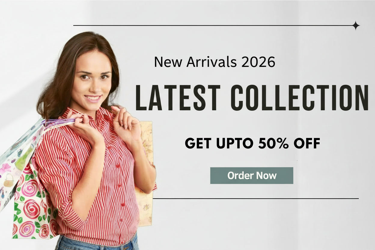 Woman holding a shopping bag with 'Flash Sale' 
white and light grey gradient background,
stylish fashion model on the left,
text on the right:
"New Arrivals 2026"
"LATEST COLLECTION"
clean, minimal, high-quality, professional, responsive
text and promotional offer on a white background
